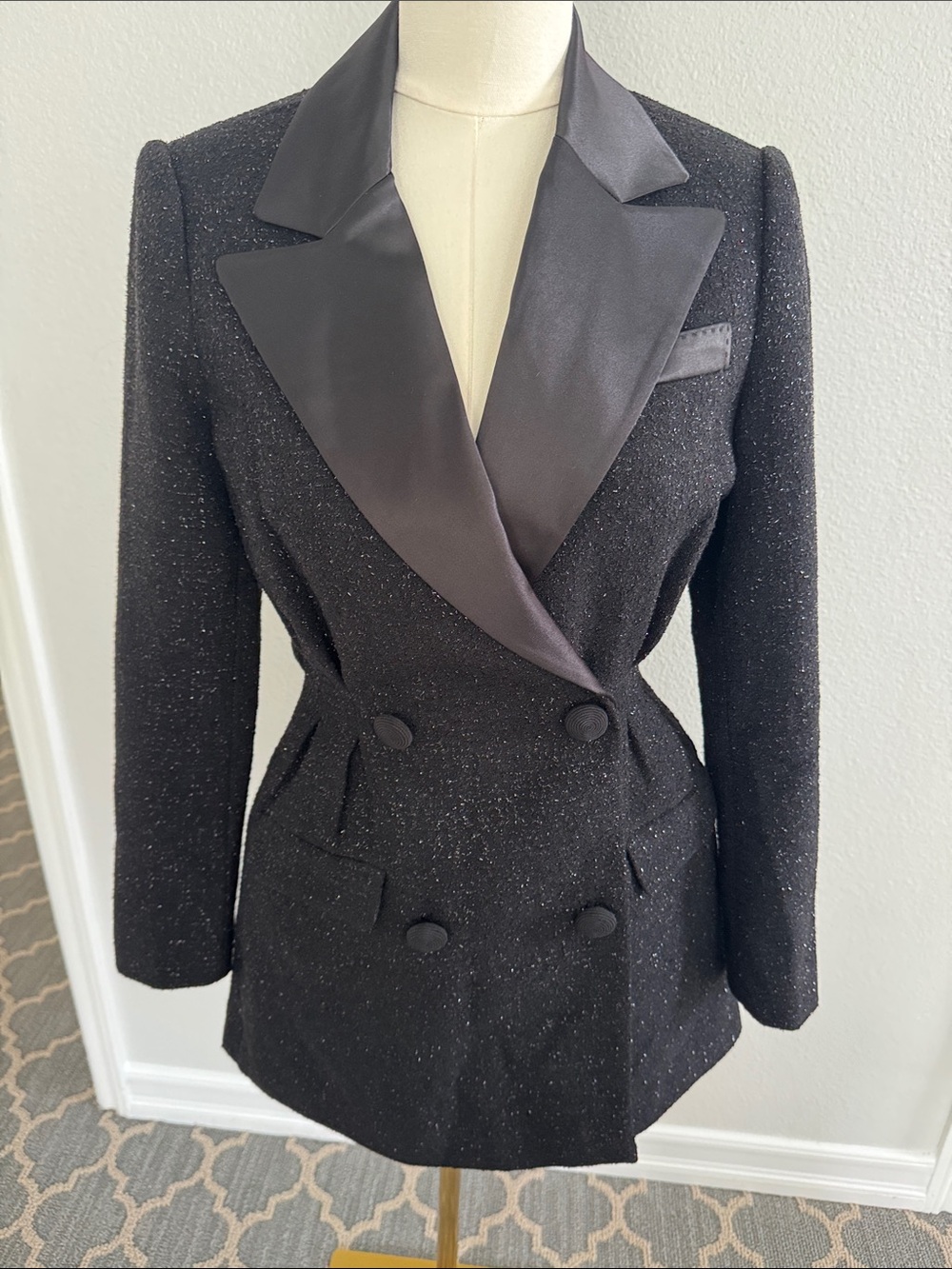 Self-Portrait Black Tweed Double-Breasted Blazer with Satin Lapel